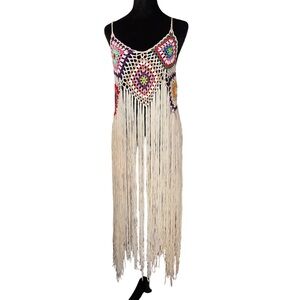 Crochet Fringe Swim Cover-Up Dress in Cream with Multicolor Accents
